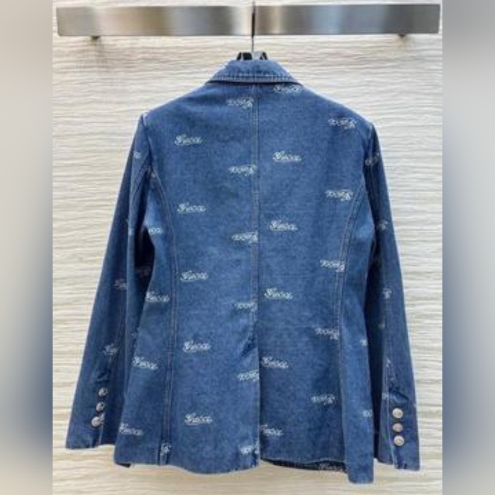 GUCCI Script-Print Denim Blazer With Metallic Horse-Bit Pocket Detail - Picture 2 of 9